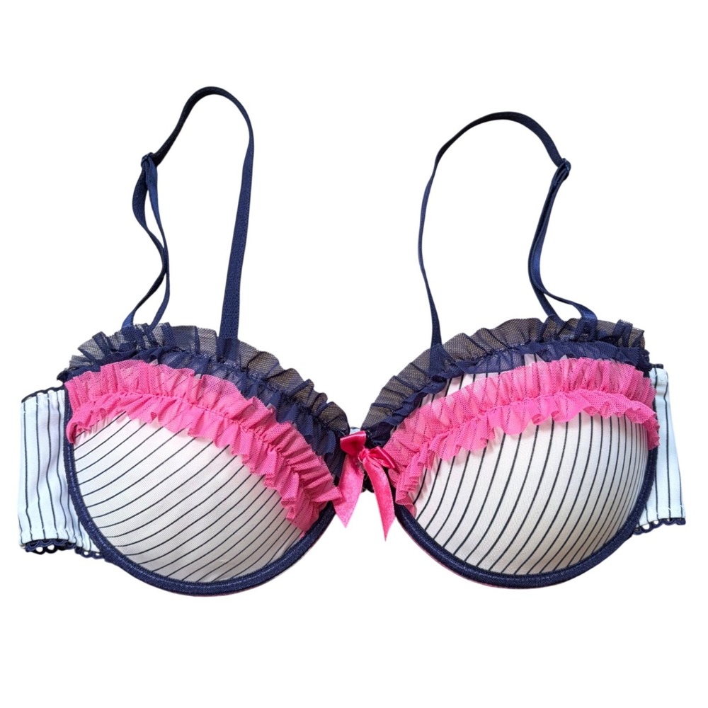 Y2K Charlotte Russe Intimates Striped Ruffle Push Up Bra Navy Pink 36C Coquette